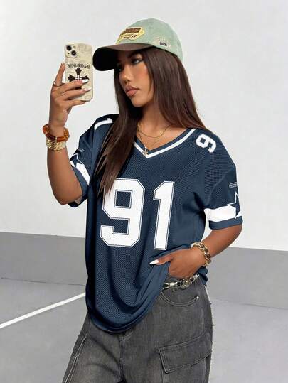 Maweii Suéter con cuello en V con malla azul número 91 para mujer de talla grande