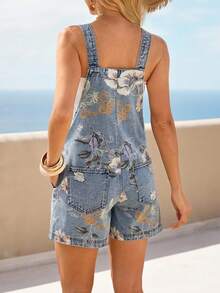 Breezaya 女士碎花印花做旧口袋休闲牛仔连体裤 - 藍色 - 查看 2