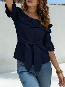 Hotletica White Off-Shoulder Ruffle Hem Casual Blouse For Women - Navy Blue - View 4