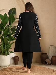 Swim Mulvari Plus Size Women's Solid Color Top With Polka Dot Print Sleeves And Solid Color Pants, 2-Piece Vacation Beach Outfit - Multicolor - View 2