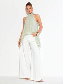 Women's Sleeveless Halter Light Green Casual Shirt For Summer - Green - View 3