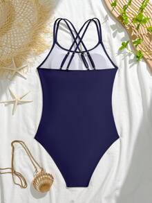 SHEIN Áo tắm liền thân cho bé gái tuổi teen, màu xanh navy, lưng chéo, dây đeo vai mảnh có thể điều chỉnh, cạp cao ôm sát, kiểu dáng tối giản, màu trơn, thích hợp cho kỳ nghỉ hè. - Màu xanh hải quân - Xem 2