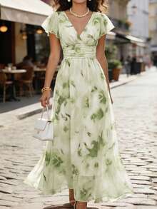 Balvessa V领优雅荷叶边下摆印花收腰A字中长连衣裙，浪漫时尚，度假必备 - 彩色 - 查看 1
