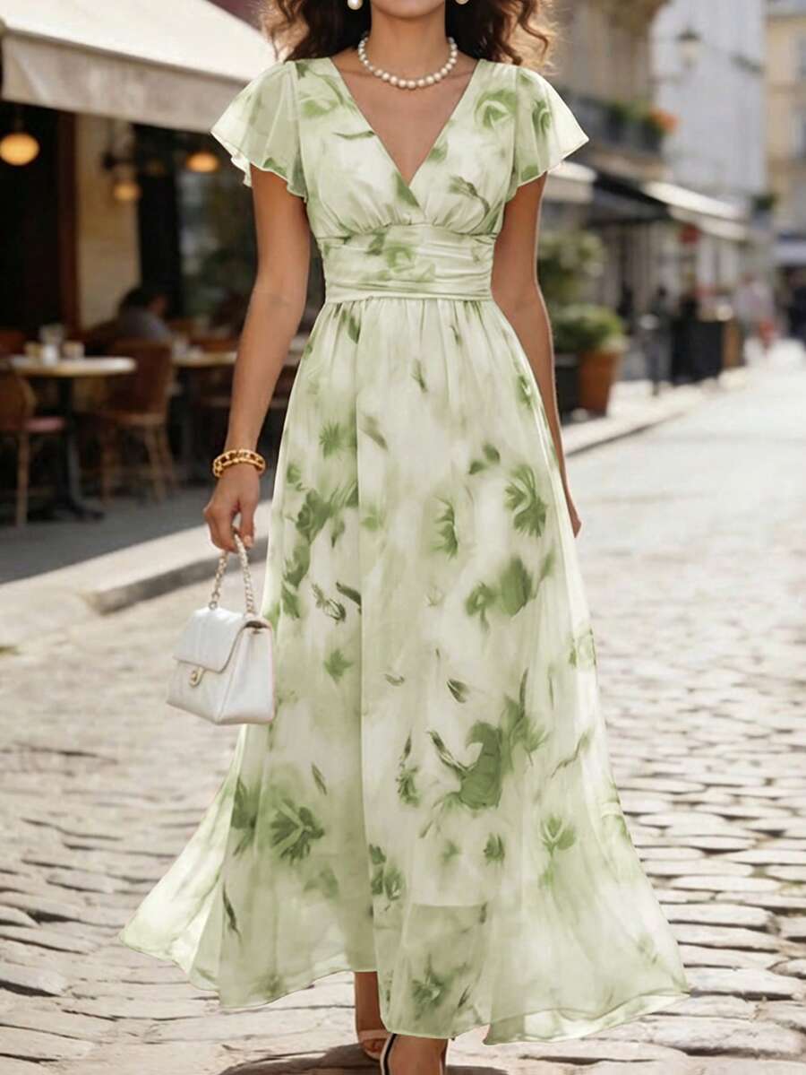 Balvessa V领优雅荷叶边下摆印花收腰A字中长连衣裙，浪漫时尚，度假必备 - 彩色 - 查看 1