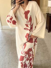 DAZY Floral Pattern Loose 3/4 Sleeve Dress, Spring Outfit, Women Sleepwear Dress - White - View 4