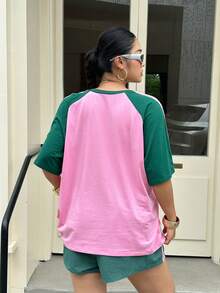 Muchica Plus Size Women Pink Pastel Pink Raglan Sleeve T-Shirt And Shorts Casual 2 Pieces Set Office Workout Summer - Multicolor - View 2