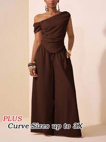Veslaya Setelan 2 Potong Wanita Ukuran Plus Warna Cokelat, Musim Panas, Elegan, Liburan, Atasan Crop dengan Desain Bahu Asimetris dan Hem Berkerut serta Celana Panjang Lebar, Bahan Bertekstur - Coklat - View 1