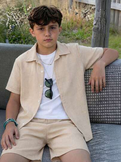 Teenage (Boys) Spring/Summer Casual Vacation Gentleman Red Short Sleeve Shirt & Shorts 2 Pieces Set