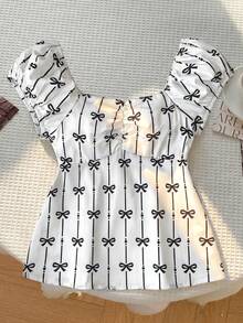 少女休闲度假舒适蝴蝶结印花短袖衬衫，夏季 - 杏色 - 查看 4