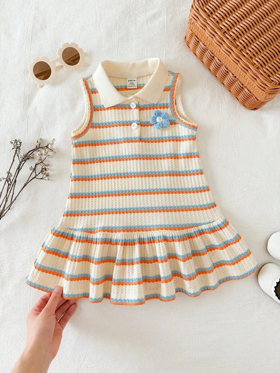 SHEIN Đầm polo kẻ sọc xanh dương và cam dễ thương cho bé gái mùa hè - Nhiều màu - Xem 1