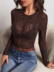 SHEIN PETITE CURVE 大码女式时尚性感网纱透视豹纹紧身长袖上衣，春夏款 - 摩卡棕 - 查看 7