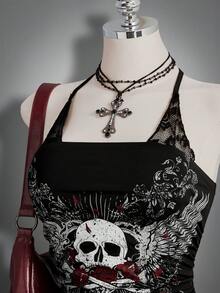 SHEIN ICON 大码女式哥特蕾丝拼接衬衫 - 黑色 - 查看 7
