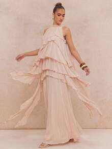 Lumalex 女士无袖飘逸多层网纱不对称荷叶边鱼尾连衣裙 - 杏色 - 查看 11