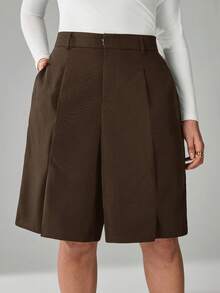 SHEIN Tall CURVE Pantalones cortos anchos de talla grande de unicolor con bolsillo en diagonal, para primavera/verano - Marrón - Ver 4
