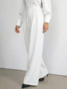 SHEIN Tall Quần ống rộng nữ dáng suông, màu trơn, đa năng, cạp cao, quần ống rộng - trắng - Xem 7