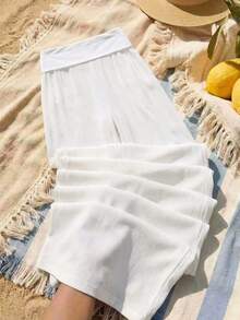 Comfortcana Plus Size Women Casual Solid Color Low Waist Wide Leg Pants White Pants Linen Pants White Beach Pants Comfortable Beachwear Pants Cover Up For Swimsuit Beach Cover Up Pants Linen Beach Pants - White - View 2