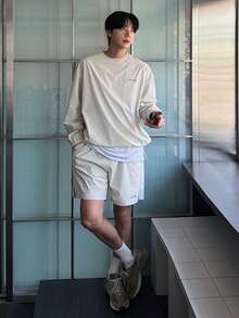 DAZY Men's Letter Print Long Sleeve T-Shirt And Shorts Set, Grey, Suitable For Spring And Autumn - Grey - View 3