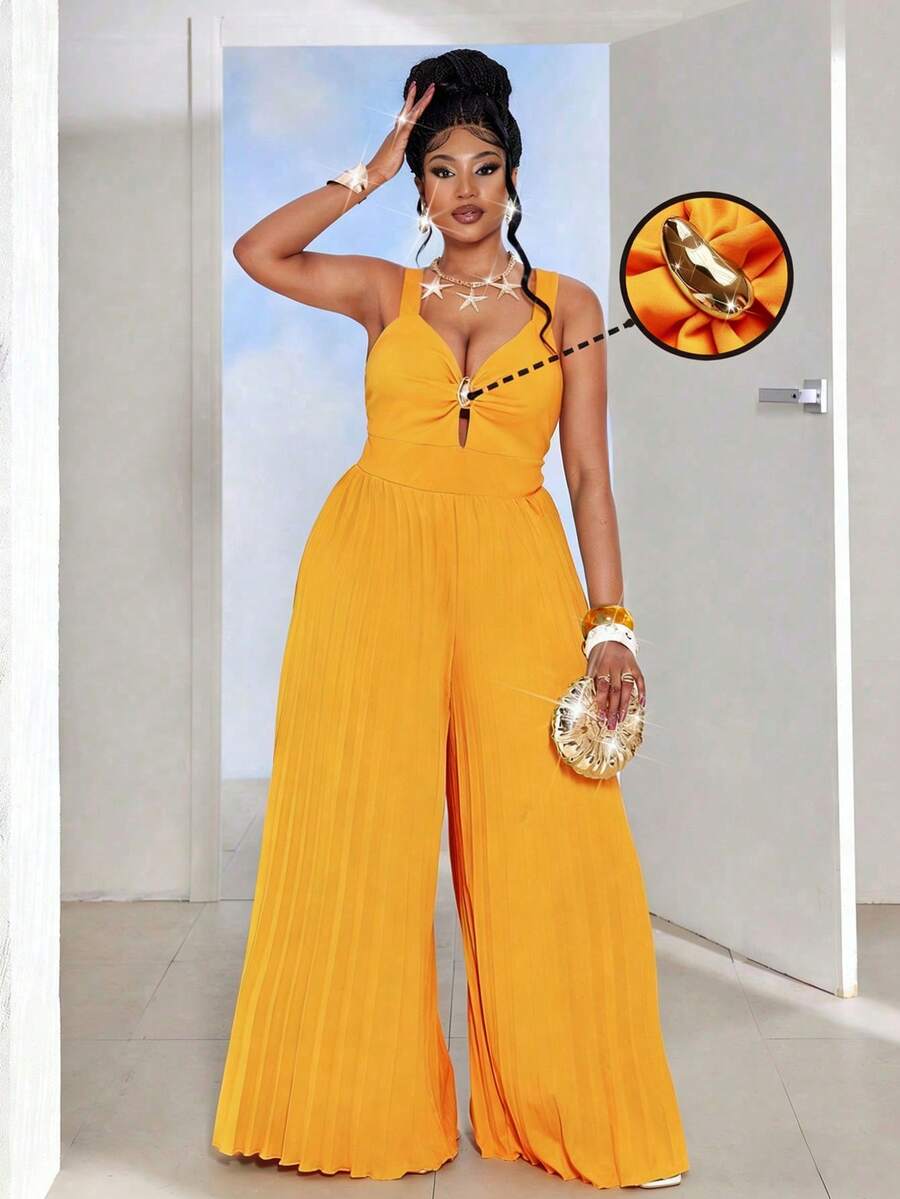 Maweii Plus Size Women's Orange Summer Elegant Vacation Wide Leg Jumpsuit, V-Neck Spaghetti Strap Metal Buckle Decor Hollow Out Waist Outfit Party - Orange - View 1