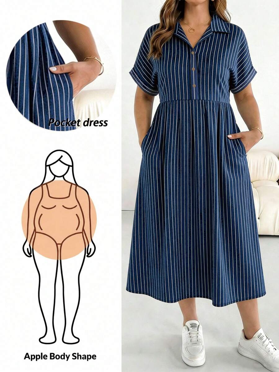 SHEIN Essnce Đầm ngắn tay dáng rộng in sọc xanh trắng dành cho nữ, thích hợp cho mùa xuân và mùa hè. - Nhiều màu - Xem 1