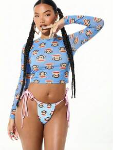 SUMWON X PAUL FRANK SUMWON WOMEN 女士长袖猴子印花网纱上衣，侧边系带设计，全身印花卡通图案，蓝色时尚休闲上衣 - 藍色 - 查看 4