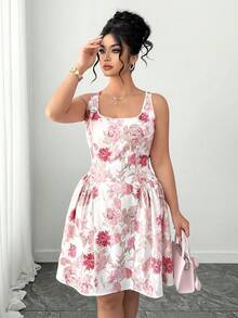 Elenzga Plus Size Women Elegant Square Neck Floral Print Casual Summer Dress - Multicolor - View 7