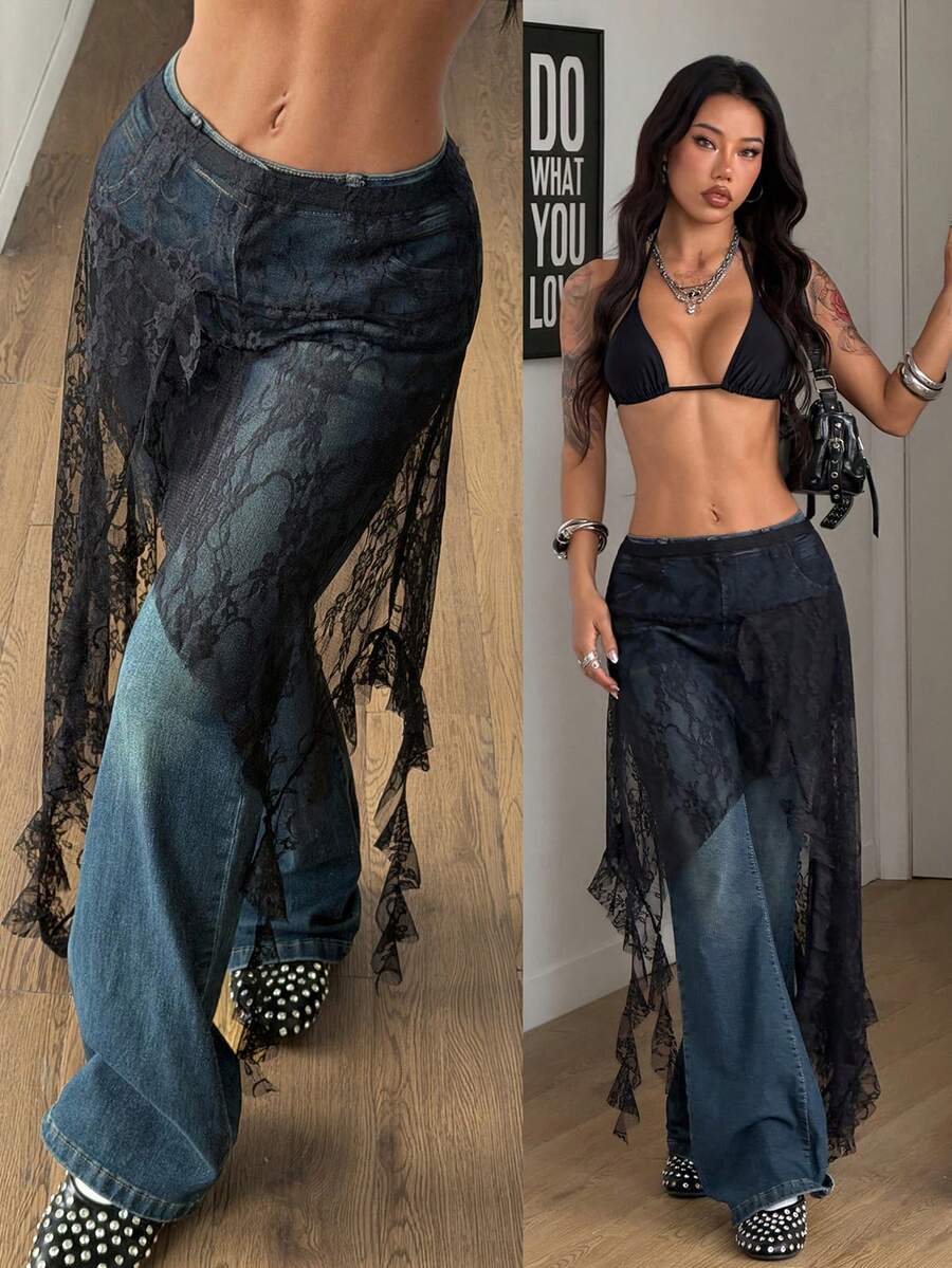 Coolane Women's Summer Music Festival HolidayY2K Chic Going Out Vacation Outfits Lace Stretchy Comfortable Ruffle Black Skirt - Black - View 1