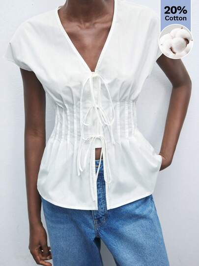 Maija 新款春夏白色前开襟系带蝴蝶结装饰褶裥肩部女式衬衫，现代优雅嘉年华/派对/情人节服装