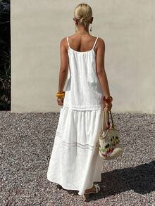 Livesso White Cotton Spaghetti Strap Lace Patchwork Solid Color Midi Dress For Summer Vacation Boho European Modest Sun Dresses For Women Beach Vacation - White - View 2