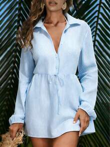 Swim Vcay Women's Spring/Summer Striped Long Sleeve Collared Waist Cinched Vacation Dress, Cover-Up - Blue - View 3