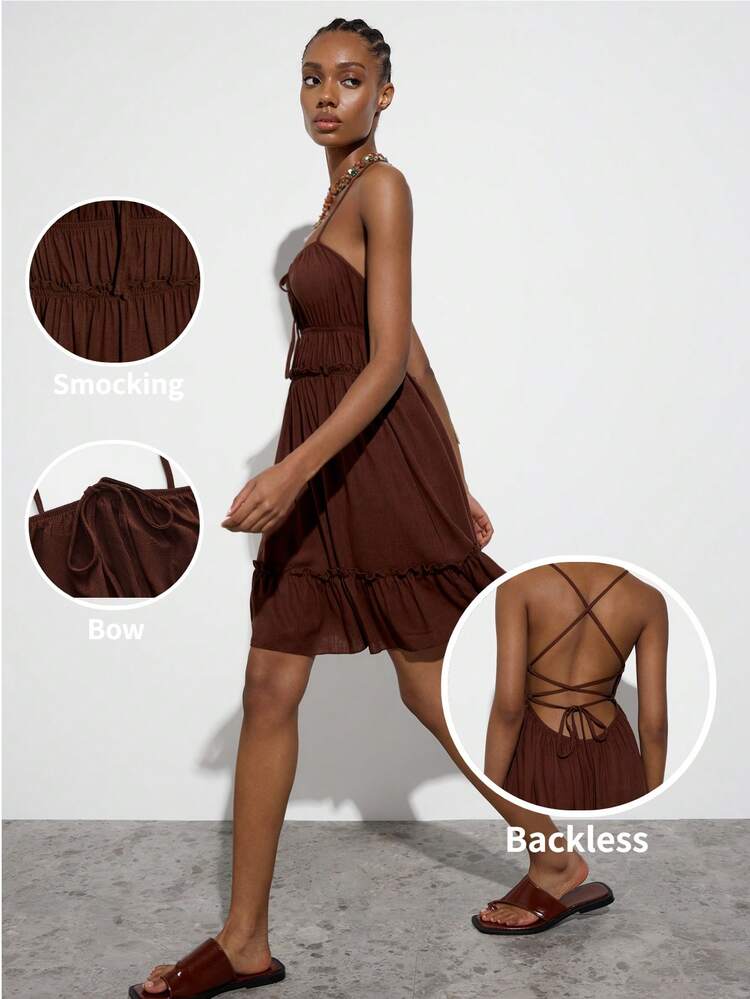 SHEIN Maija Women's Summer Solid Color Criss-Cross Backless Mini Dress,Brown Dress,Festival Outfits ,Summer Holiday Outfits,Beach Outfit For Women,Summer Dresses For Women