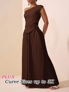 Veslaya Setelan 2 Potong Wanita Ukuran Plus Warna Cokelat, Musim Panas, Elegan, Liburan, Atasan Crop dengan Desain Bahu Asimetris dan Hem Berkerut serta Celana Panjang Lebar, Bahan Bertekstur - Coklat - View 4