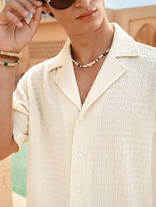 ZELFYO Men's Solid Color Shirt And Shorts Beach Outfit - Beige - View 2