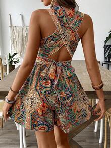 Breezaya Women's Holiday Paisley Print Criss-Cross Jumpsuit - Multicolor - View 2