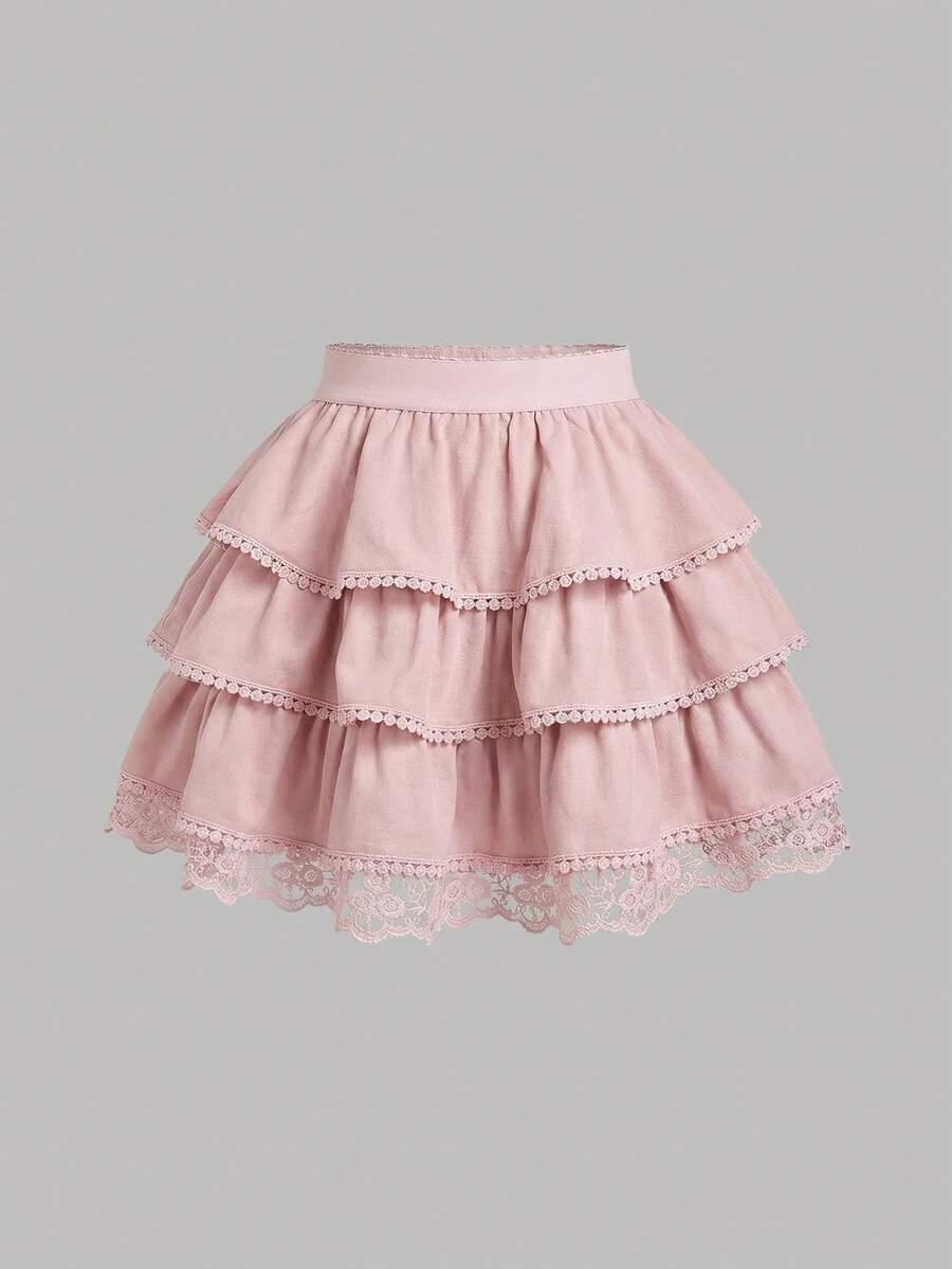 SHEIN Girlism Tween Girl Vacation Casual Spring/Summer Chiffon Tiered Skirt Mothers Day Outfit Graduation - Pink - View 1