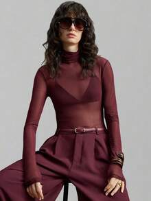 Ontre Blusa de malla transparente burdeos de cuello alto, minimalista y versátil para uso casual y de oficina, nueva colección Primavera/Verano 2026 para mujer - Rojo violeta - Ver 2