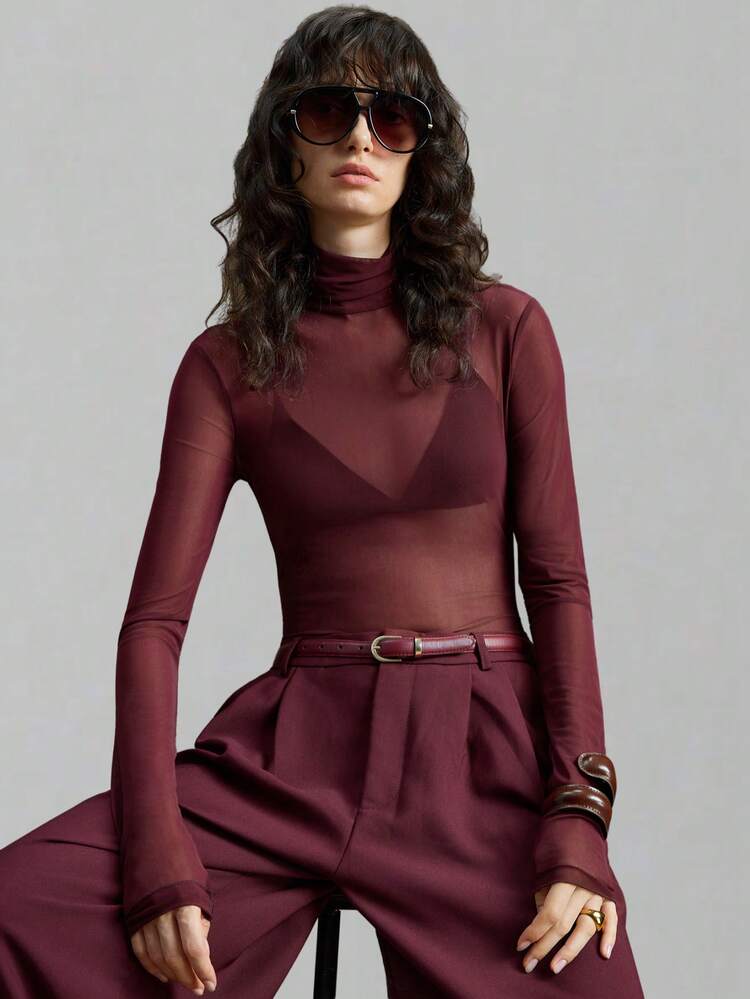 2026 Spring/Summer New Women's Sheer Mesh Burgundy Turtleneck Top, Minimalist Versatile Business Casual Office Wear