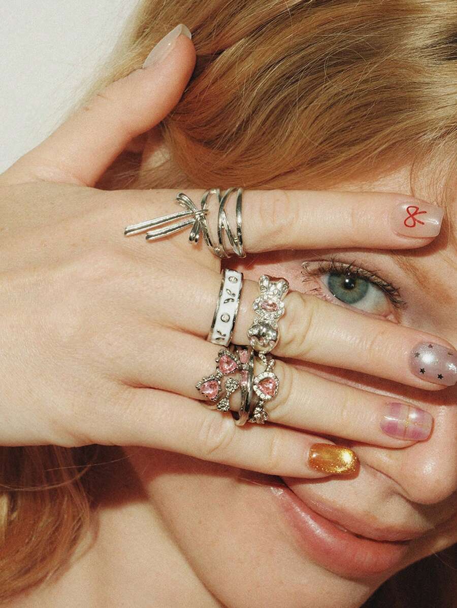 Popjeli 6pcs/Set Fashionable Pink Crystal Bow Heart Zirconia Rings, Y2K Shiny Zirconia Rings For Women And Girls, Party Jewelry - 6-piece Set - View 1