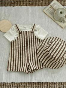 SHEIN Bộ 2 món cho bé trai/bé gái, gồm yếm ăn và mũ tai bèo kẻ sọc mùa hè, trang phục thường ngày cho ở nhà, đi chơi, đi biển. - Nhiều màu - Xem 2