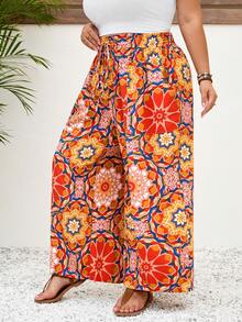 SHEIN CURVE+ Quần ống rộng dáng rộng họa tiết da báo dành cho nữ cỡ lớn, có bèo nhún, thắt dây phía trước và túi, phong cách boho, thích hợp cho kỳ nghỉ. - Nhiều màu - Xem 6