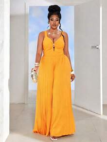 Maweii Plus Size Women's Orange Summer Elegant Vacation Wide Leg Jumpsuit, V-Neck Spaghetti Strap Metal Buckle Decor Hollow Out Waist Outfit Party - Orange - View 2