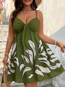 SHEIN VCAY Váy hai dây cỡ lớn, kiểu dáng thường ngày, in hoa, thích hợp cho kỳ nghỉ. - màu xanh lá - Xem 4