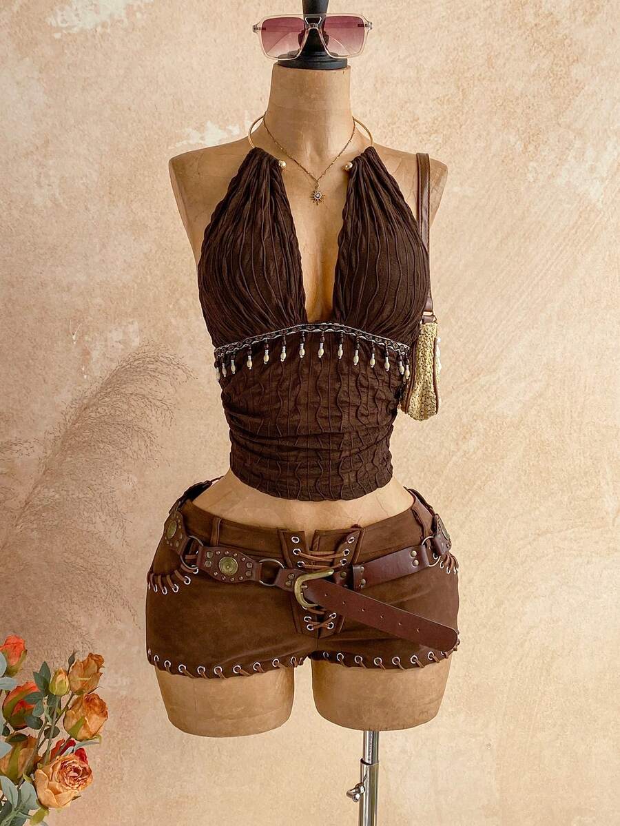 Soleia Women's Vintage Boho Textured Halter Neck Backless Tank Top,All Shades Of Brown Summer Holiday Music Festival Night Out Club Outfit With Zip Lining - Brown - View 1