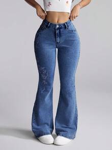 Selenza Women Floral Pattern Casual Jeans - Medium Wash - View 5