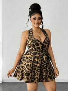 Maweii Rompi Seksi Motif Leopard untuk Wanita Ukuran Besar dengan Tali Pinggang Halter - Coklat - View 6