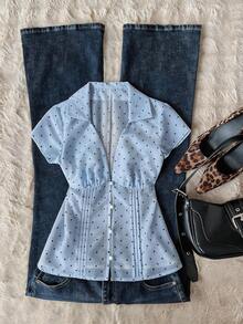 Blusa de mujer con escote en V, volantes y lunares, ropa de playa de moda, top casual sexy para primavera/verano - Azul - Ver 5