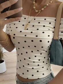 Joudiya Women's Polka Dot Print Slim-Fit Off Shoulder Tight-Fitting Blouse T-Shirt - Apricot - View 11