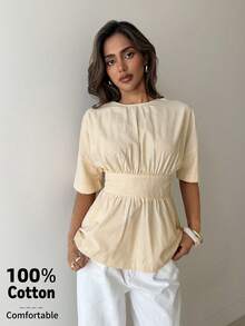 Aloruh Women's Elegent Round Neck Backless Bow Decor Fitted Blouse,Milky White And Yellow Summer Holiday Vacation, School Everyday Casual Top - Yellow - View 4