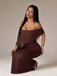 SHEIN PETITE Đầm suông màu nâu trơn thanh lịch, trễ vai, dáng ôm, thích hợp cho tiệc sinh nhật, tiệc chiêu đãi, các sự kiện tụ họp, mặc nhiều lớp vào mùa thu/đông, Halloween, Giáng sinh, đầm sang trọng. - màu nâu - Xem 1