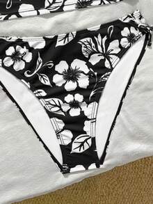 SHEIN 少女碎花吊带泳衣套装，夏季海滩度假 - 黑與白 - 查看 3