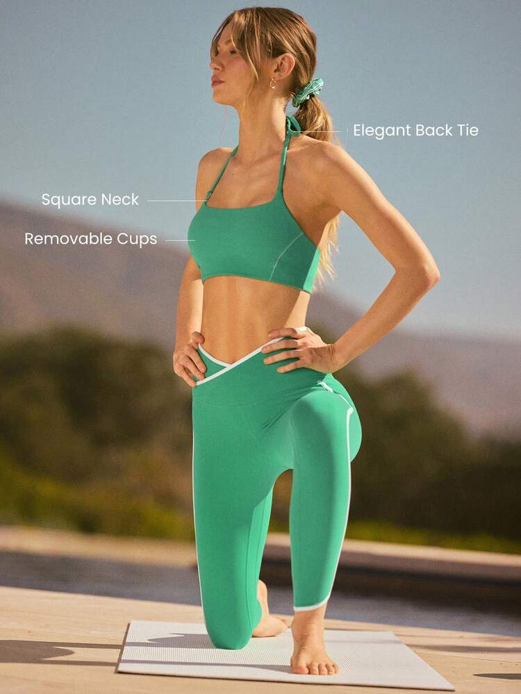 FeatherFit™ Shine On Buttery-Soft Sweat-Wicking Stretchy Contrast Stitching Square Halterneck Removable Cups Sports Bra Low Impact Light Support Yoga Pilates Barre Studio Daily Casual Wear